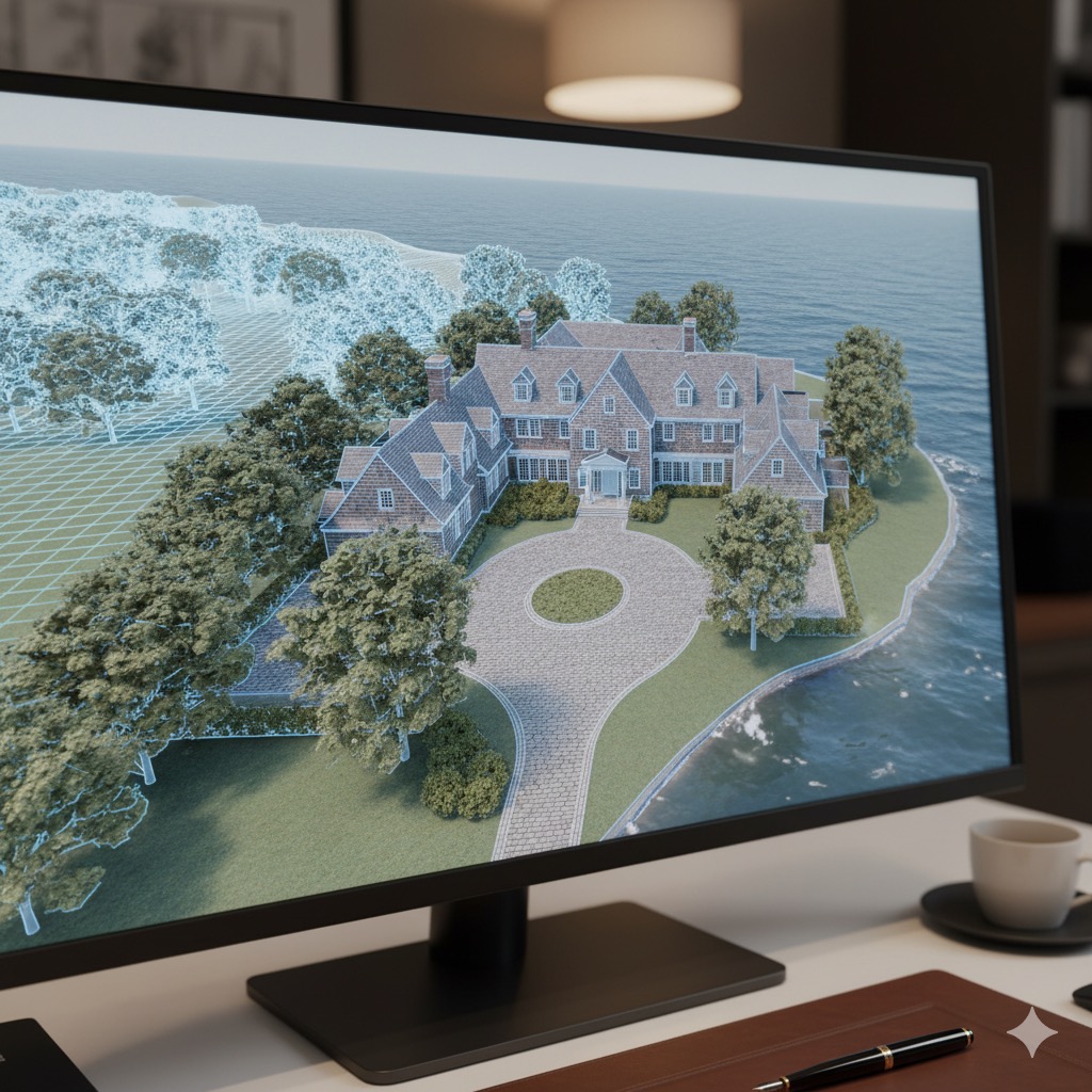 A photorealistic image of a computer monitor generating a 3-D virtual tour. Display grid lines over the areas not yet generated, with some parts of the 3D model already filled in. The style is high-tech and realistic, clearly conveying progress in building the virtual scene.